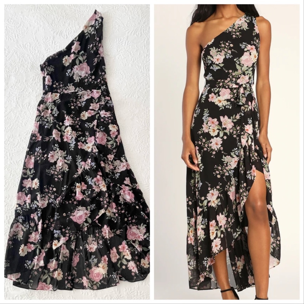 NWOT Bring Me Close Black Floral Print One-Shoulder High-Low Dress Large